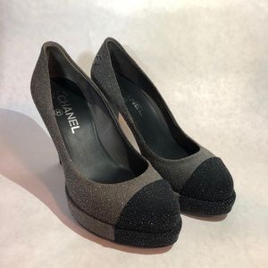 Chanel Gray Two Tone Glitter Pumps